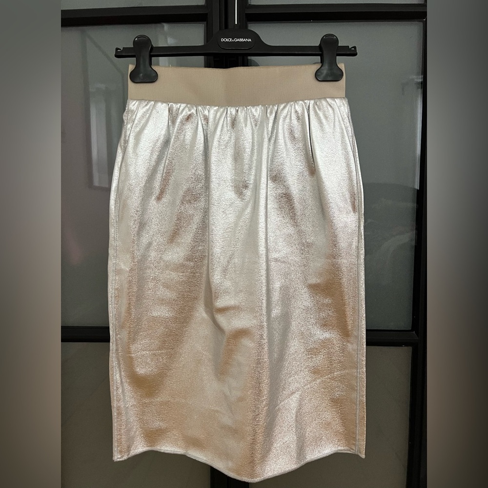Dolce & Gabbana Faux Leather High Waist Metallic Silver Skirt